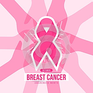 Breast cancer awareness month - Text and Pink ribbon awareness sign on soft pink background with group of hands holding texture