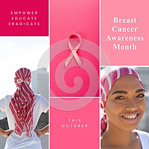 Breast cancer awareness month text with ribbon and smiling biracial woman in pink headscarf