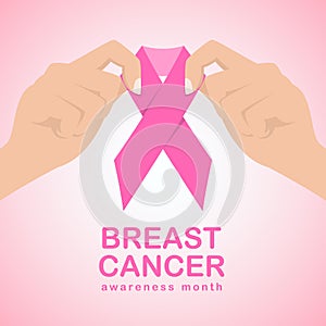 Breast cancer awareness month with two hand hold pink ribbon vector illustration design