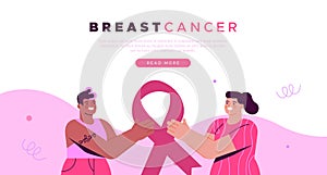 Breast Cancer Awareness month two young women cartoon with pink ribbon symbol