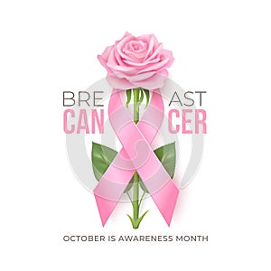 Breast cancer awareness month vector banner with pink ribbon and rose