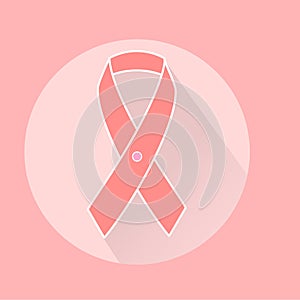 Breast cancer awareness month vector illustration. Pink ribbon symbol, flat icon with long shadow