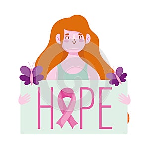 Breast cancer awareness month, woman hope lettering and butterflies, vector