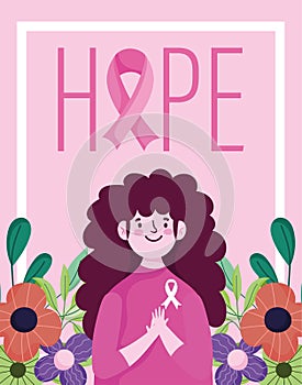 Breast cancer awareness month woman hope lettering flowers and ribbon design