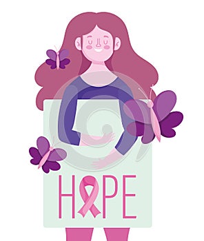Breast cancer awareness month woman with hope placard and butterflies design