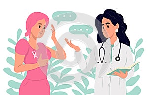 Breast Cancer Awareness Month. Young smiling female doctor talking to cancer patient woman in headscarf .Cancer