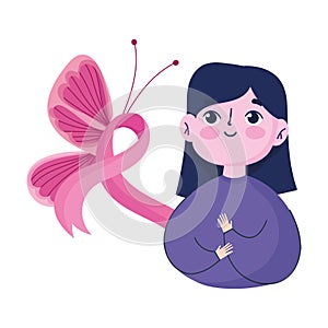 Breast cancer awareness month young woman butterfly ribbon design vector