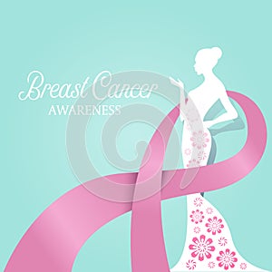 Breast Cancer AWARENESS with pink ribbon around white woman paper flower vector design