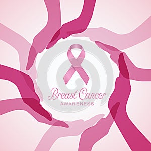 Breast Cancer AWARENESS with pink ribbon in circle hands vector design