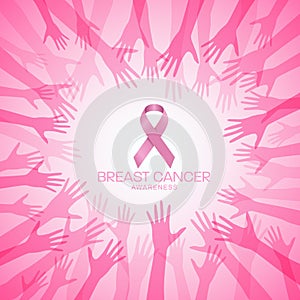 Breast Cancer AWARENESS with pink ribbon in circle hands vector illustration design