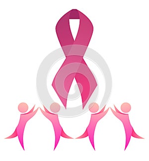 Breast cancer awareness. Pink ribbon with dancing people. Unity.