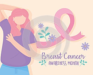 Breast cancer awareness pink ribbon flowers and woman self examination vector