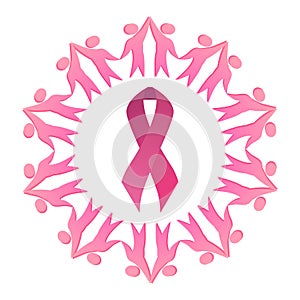 Breast cancer awareness. Pink ribbon in the frame of dancing people. Unity.
