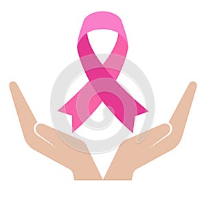 Breast cancer awareness pink ribbon in hands