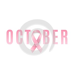 Breast Cancer Awareness pink ribbon. October month. Ribbon with pink text isolated on white background. Fighting cancer. Vector