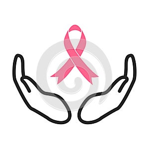 Breast cancer awareness pink ribbon with open hands on the white background. Isolated illustration