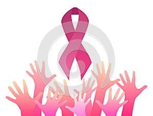 Breast cancer awareness. Pink ribbon with pink hands up. Unity