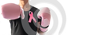 Breast cancer awareness pink ribbon for women health in October month, female patient fighting with tumor on white background