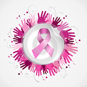 Breast cancer awareness ribbon hand social badge