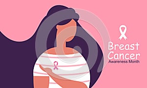 Breast cancer awareness with ribbon and illustration logo
