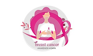 Breast cancer awareness with ribbon and illustration logo