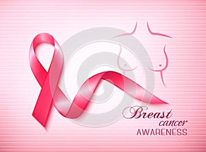 Breast cancer awareness ribbon on a pink background.