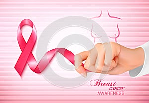 Breast cancer awareness ribbon on a pink background.