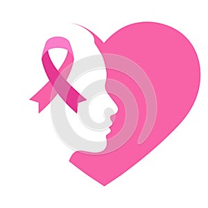 Breast Cancer Awareness Ribbon in Silhouette of a Woman Face and Heart