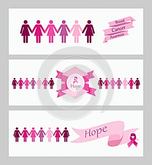 Breast cancer awareness ribbon web banners set.