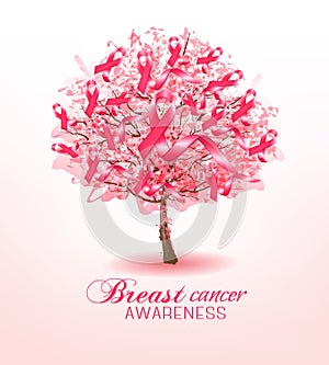 Breast cancer awareness ribbons on a sakura tree. photo