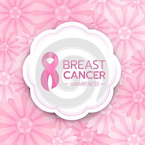 Breast cancer Awareness text and pink ribbon sign in white circle banner on abstract pink flower background vector design