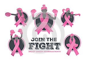 Breast cancer awareness vector with fighting girls