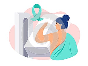 Breast cancer awareness vector illustration. Woman patient getting a mammogram. Breast diagnosis, medical diagnostic equipment,