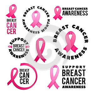 Breast Cancer Awareness Vector Set. Poster Design. Stroke Pink Ribbon. October is Cancer Awareness Month