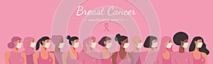 Breast cancer awareness web banner for disease prevention campaign of diverse ethnic females group wearing face masks