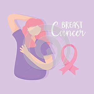 Breast cancer awareness woman method palpation pink ribbon vector design