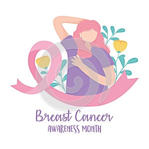 Breast cancer awareness woman method to palpation flowers ribbon vector design