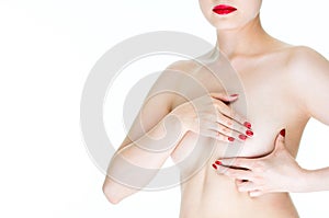 Breast Cancer Awareness, young female exam breast for signs cancer