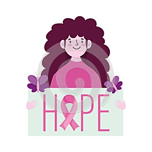 Breast cancer awareness young woman hope placard, vector