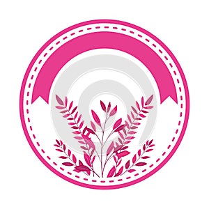 Breast cancer campaign ribbon in circular frame with leafs