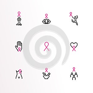 Breast Cancer Care pink ribbon outline icon set