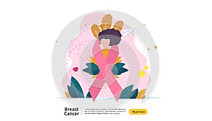 breast cancer day Awareness month concept with pink ribbon and female cartoon character together for love and support. web landing