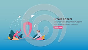 breast cancer day Awareness month concept with pink ribbon and female cartoon character together for love and support. web landing