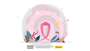 breast cancer day Awareness month concept with pink ribbon and female cartoon character together for love and support. web landing