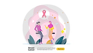 breast cancer day Awareness month with pink ribbon. female cartoon character together discussion talk for love support. web