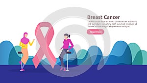 breast cancer day Awareness month with pink ribbon. female cartoon character together discussion talk for love support. web