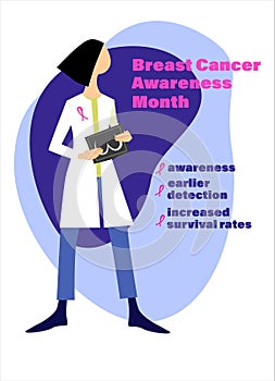 Breast cancer early detection concept. Breast Cancer Awareness. Female doctor with a mammogram, informational text