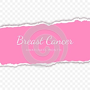 Breast cancer lettering on torn paper strip realistic illustration