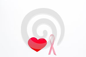 Breast cancer. Mammalogy concept. Symbolic pink ribbon near heart sign on white background top view copy space