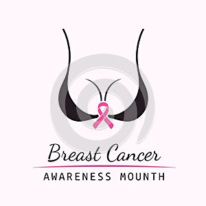 Breast Cancer October. Female bra. Information campaign. Woman body silhouette and text with pink ribbon element on a